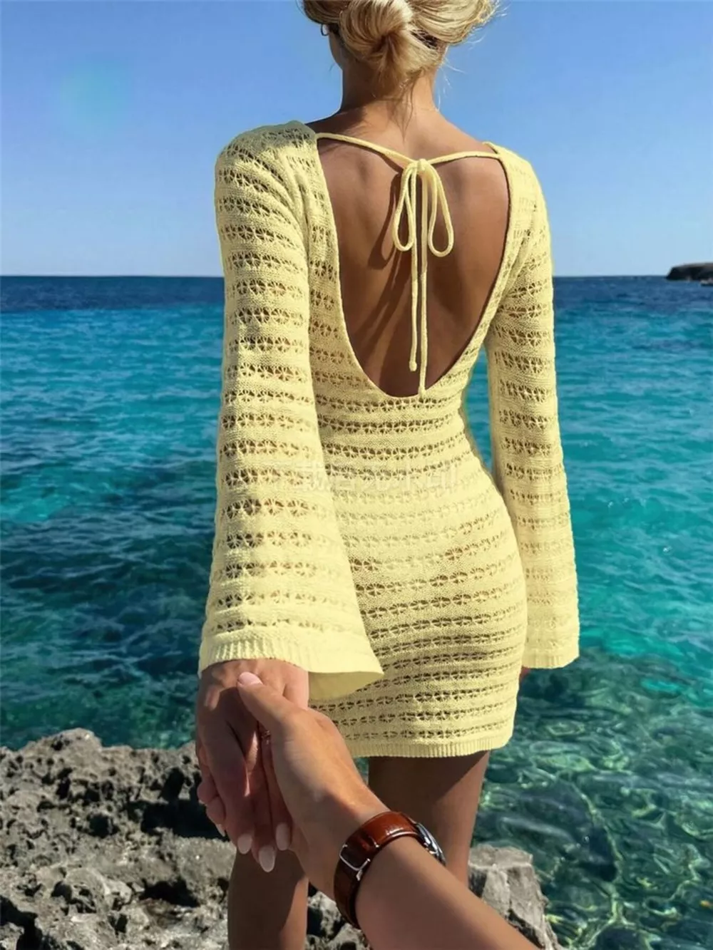 Sheer Crochet Knit Mini Cover Up Dress, image 8