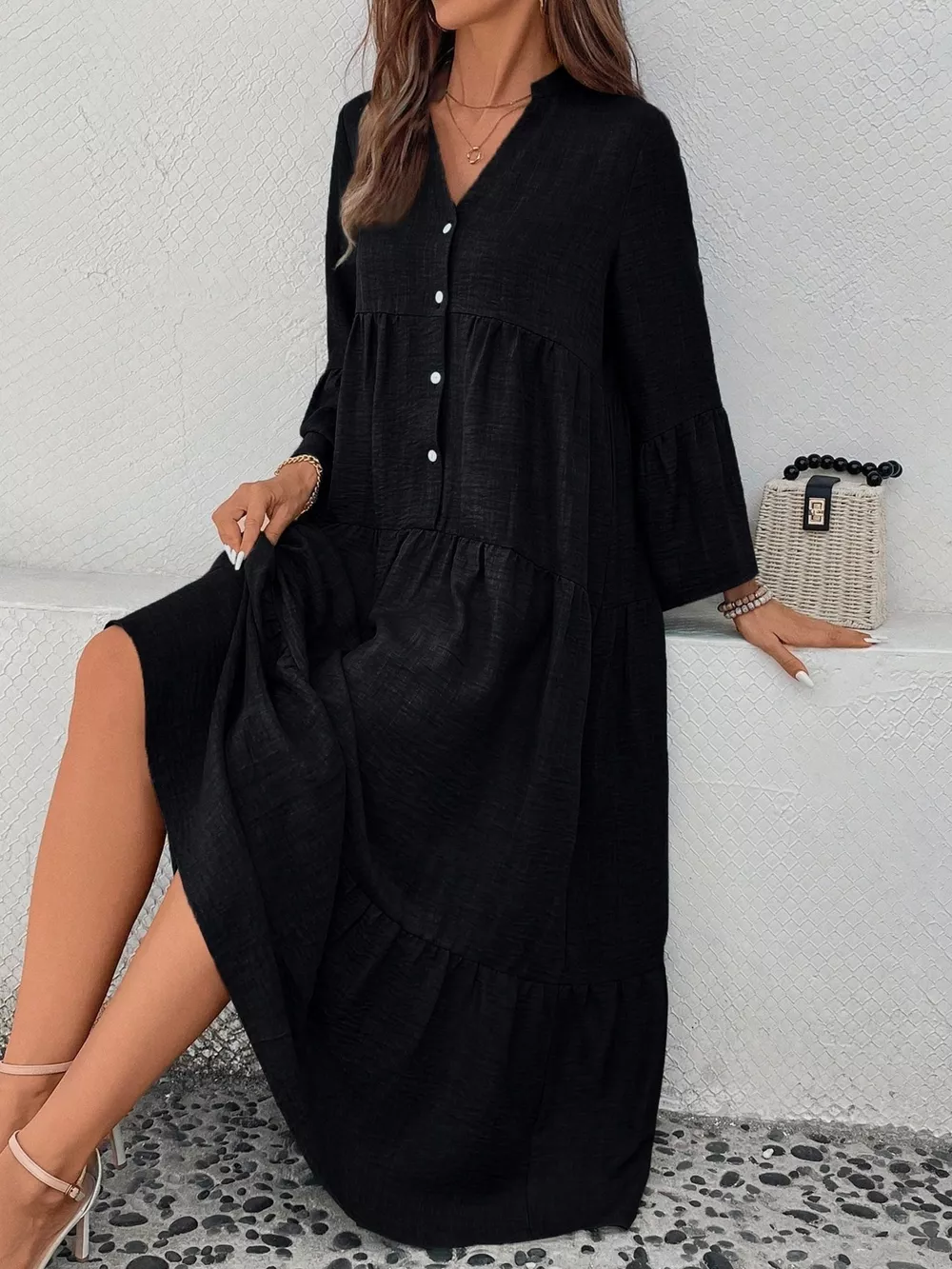 Ruffle Hem Button Front Tiered Dress, image 12
