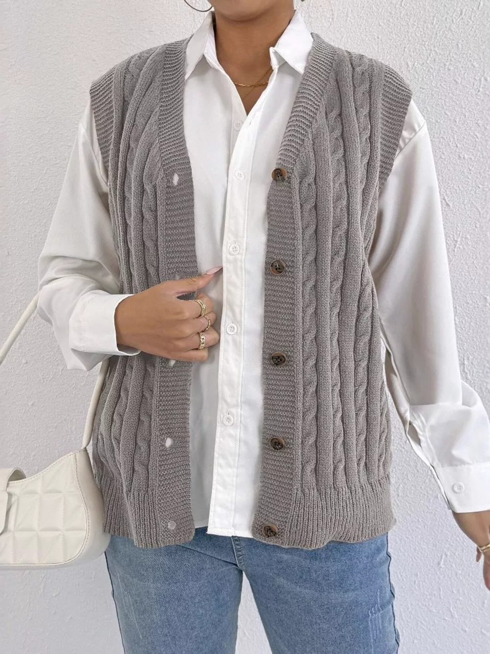 Cable-Knit Button-Up Sweater Vest, image 14