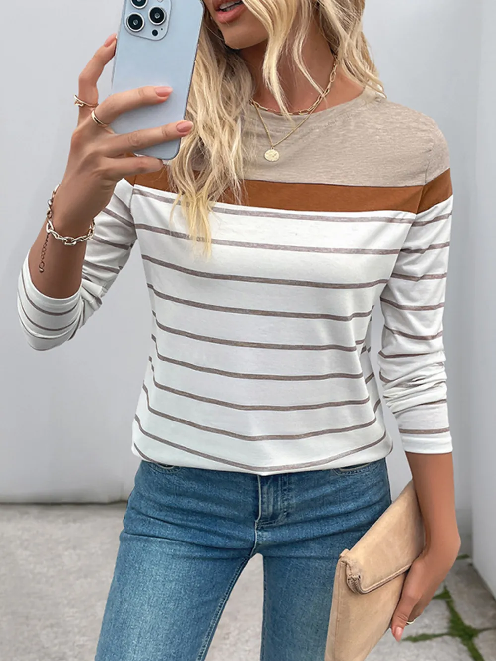 Casual Striped Long Sleeve Color Block T-Shirt, image 7