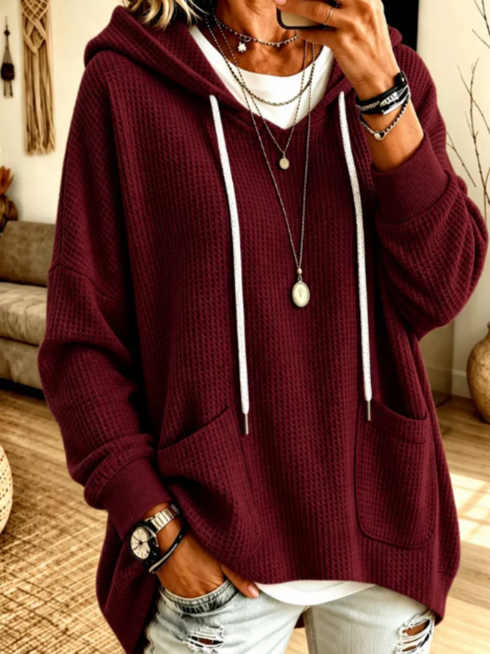 Full Size Waffle Knit Drawstring Long Sleeve Hoodie Plus Size