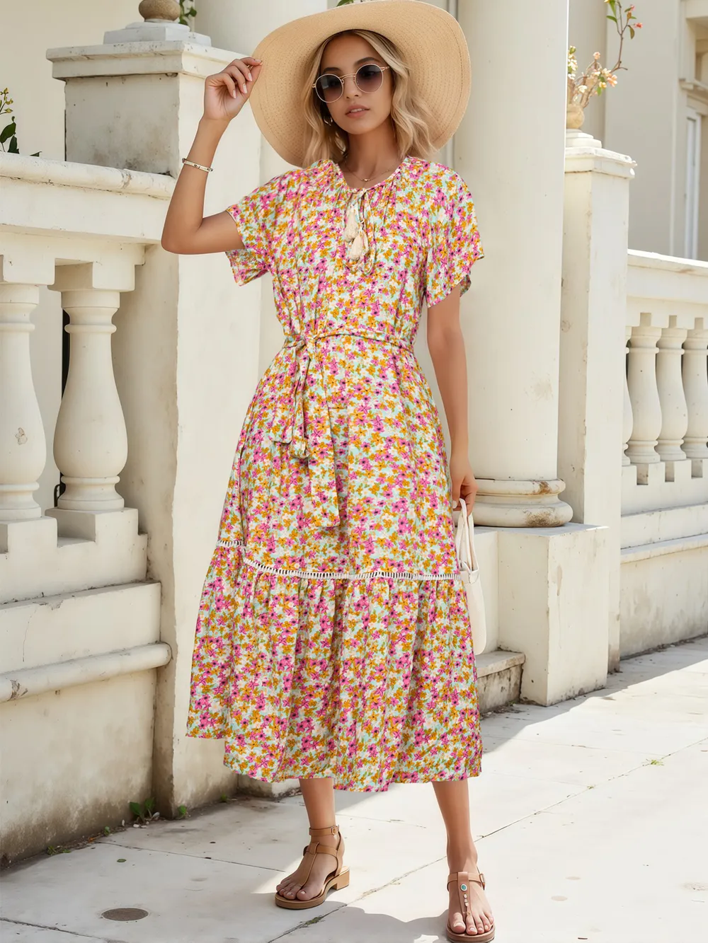 Floral Print Ruffle Hem Midi Dress, image 3