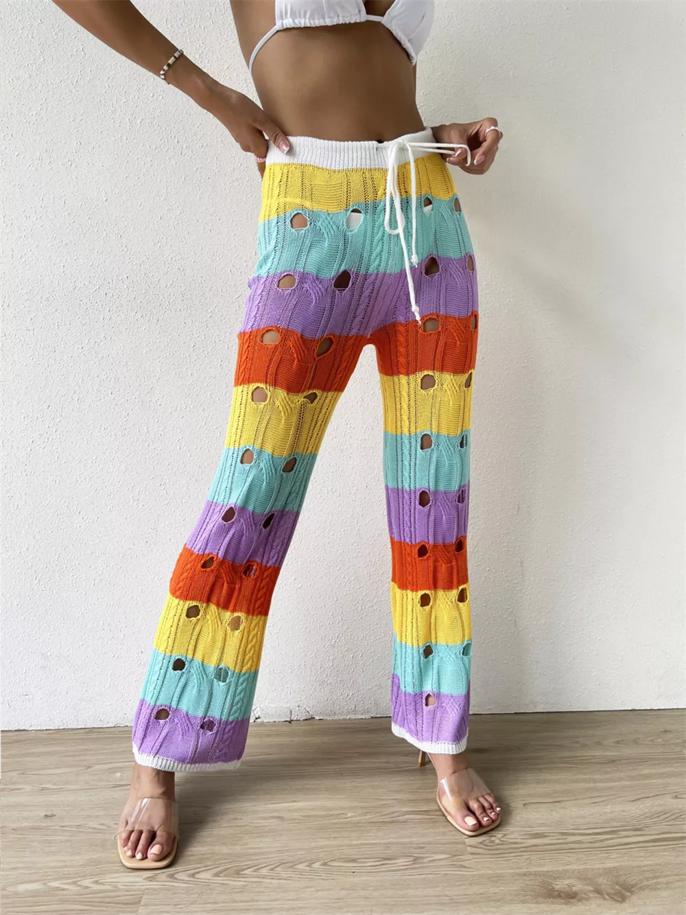 Striped Crochet Hollow-Out Knit Pants