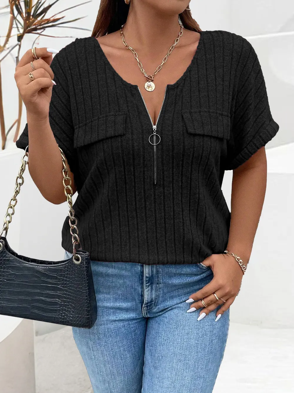 Plus Size Ribbed Half Zip Relaxed Fit T-Shirt, image 27