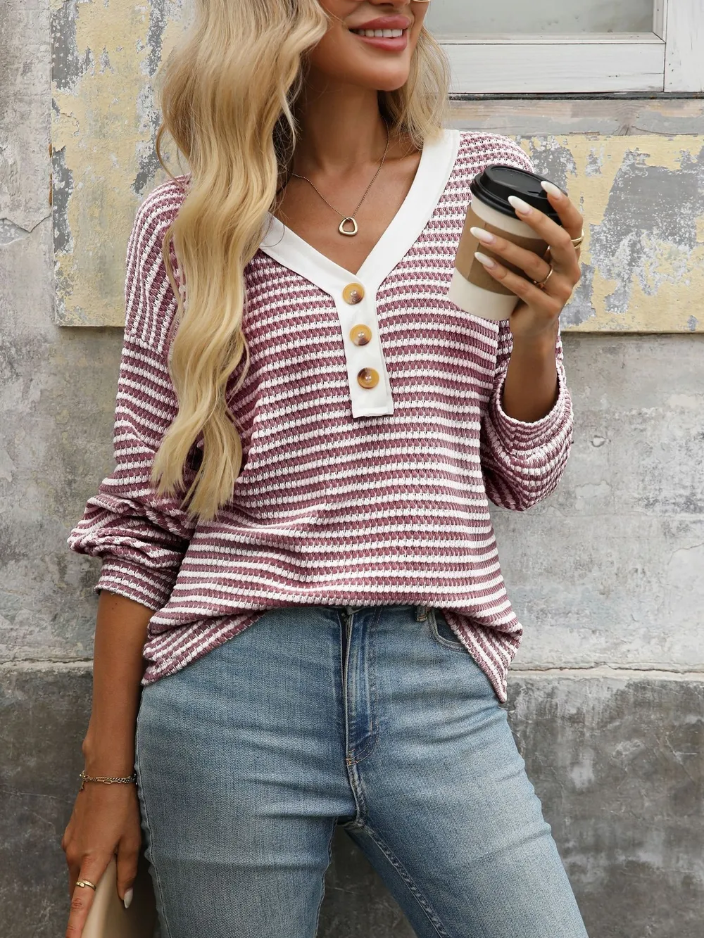Striped V-Neck Button Front Casual Top, image 19