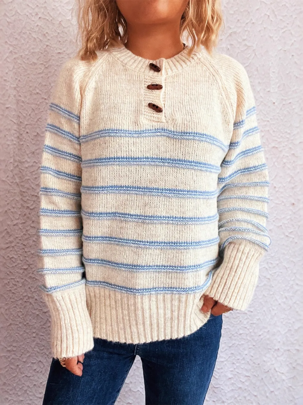 Striped Button Detail Long Sleeve Sweater, image 3