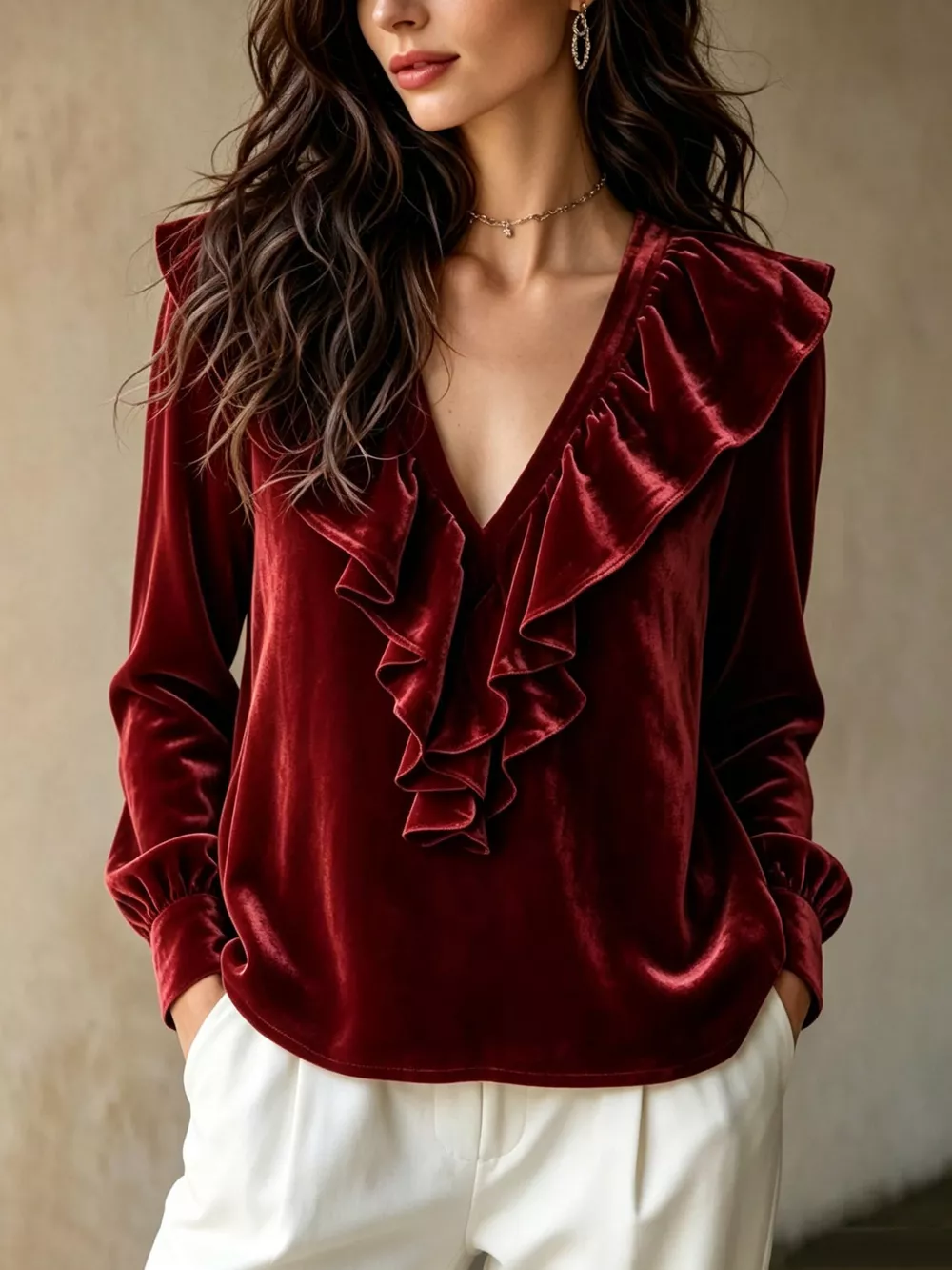 Ruffled V-Neck Long Sleeve Blouse, image 4