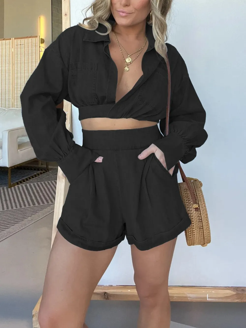 Full Size Long Sleeve Top and Shorts Denim Set Plus Size, image 8