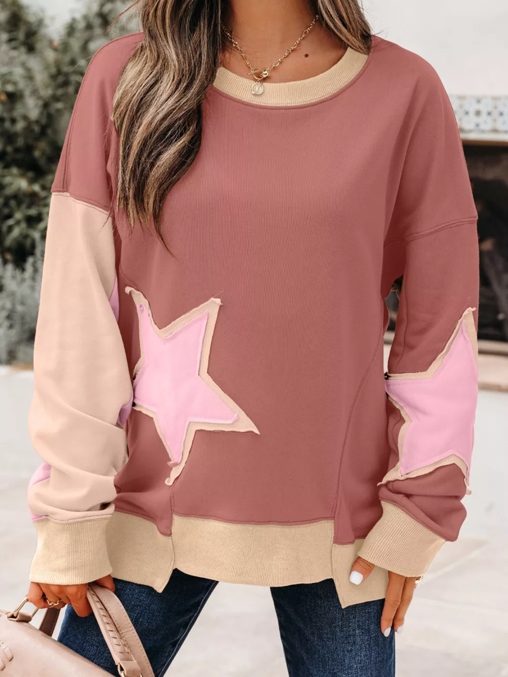 Contrast Star Patchwork Exposed Seam Uneven Hem Drop Shoulder Sweatshirt, image 8
