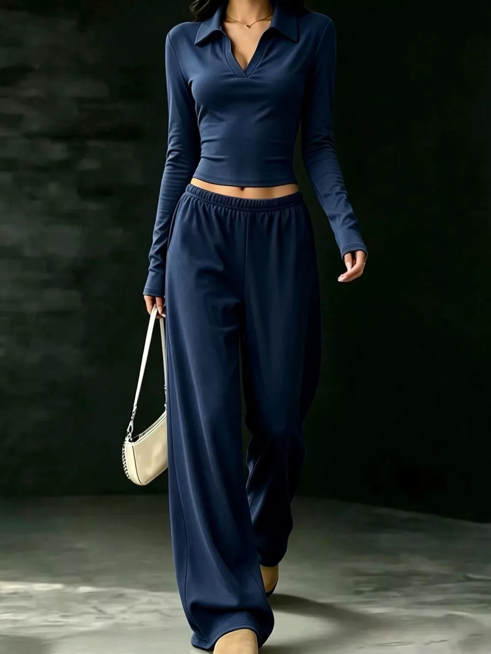 Solid Color Long Sleeve Polo Collar Top and Wide Leg Pants Set, image 11
