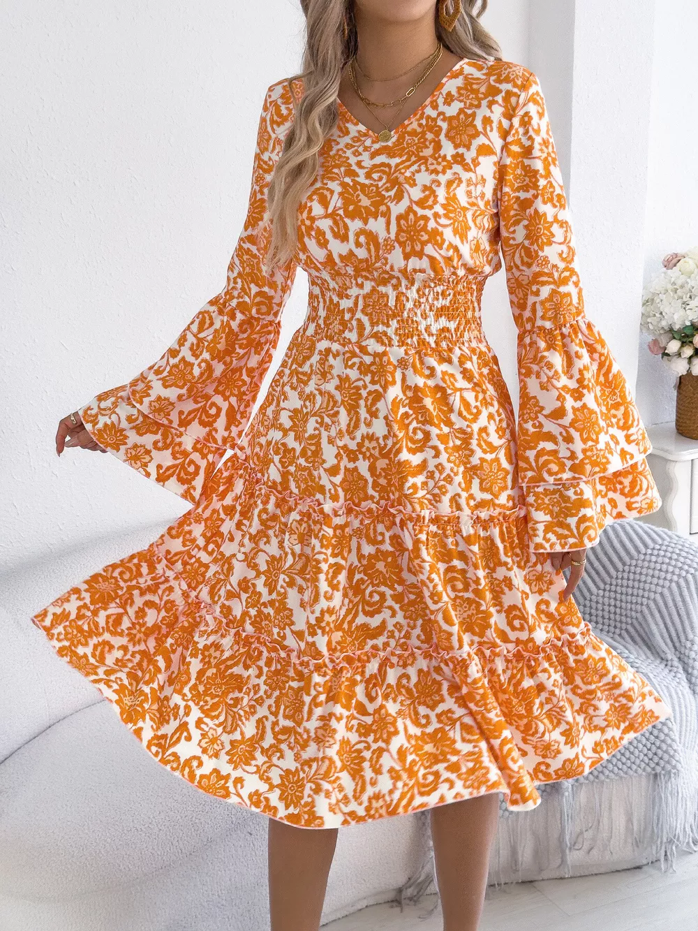 Floral Print Smocked Ruffle Hem Flared Sleeve Dress, image 9
