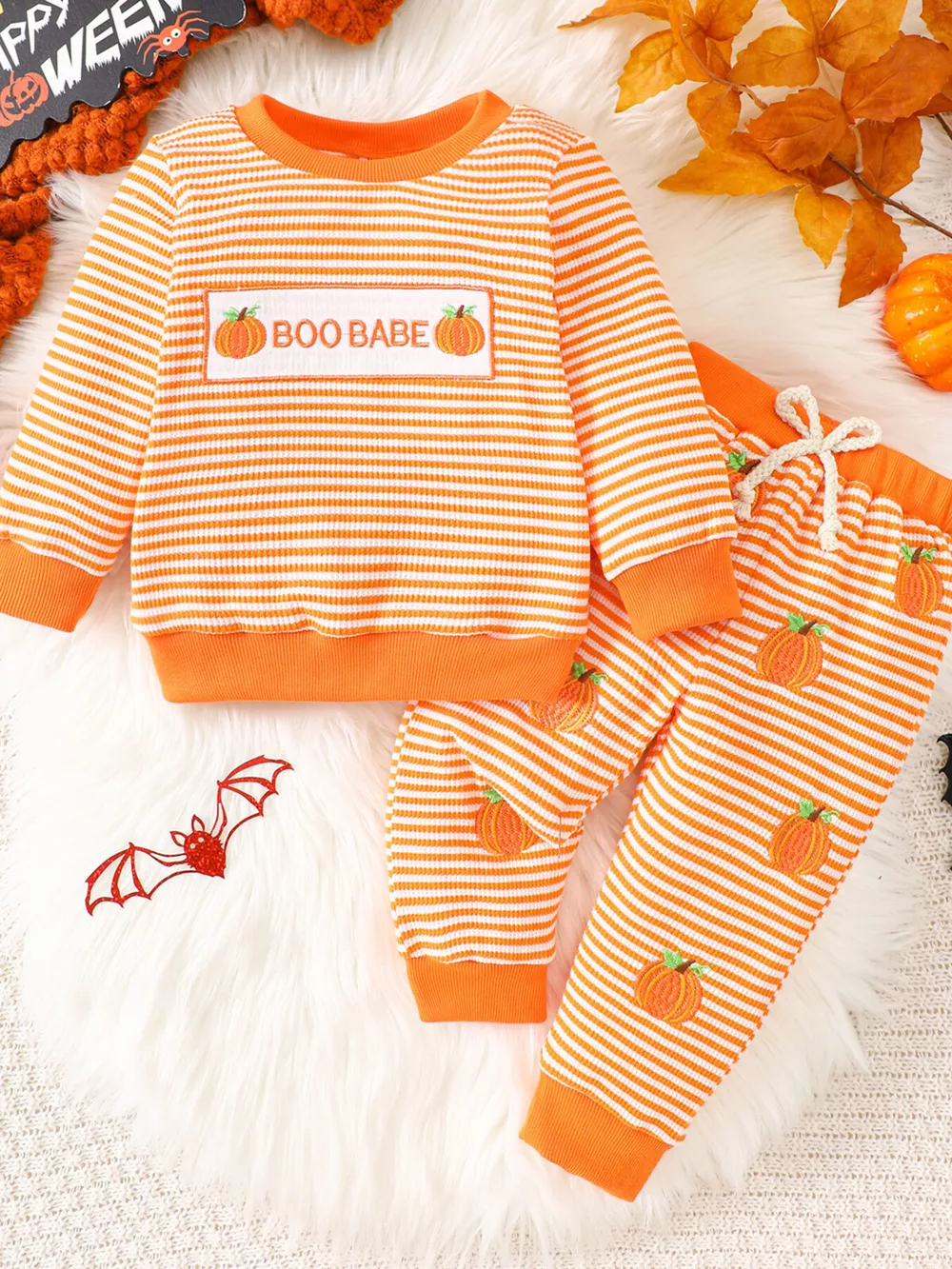 Children's Halloween Pumpkin Striped Long Sleeve Pajama Set, image 3
