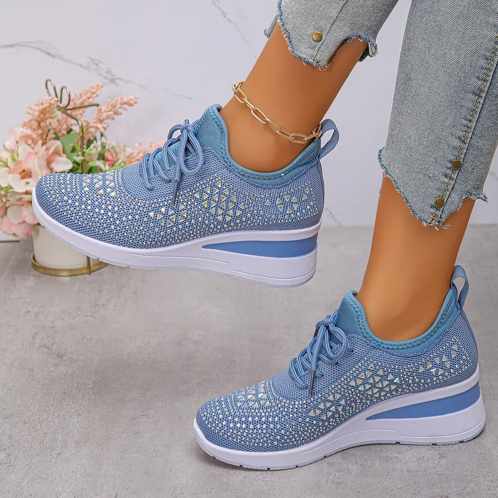 Breathable Mesh Rhinestone Wedge Athletic Sneakers, image 9