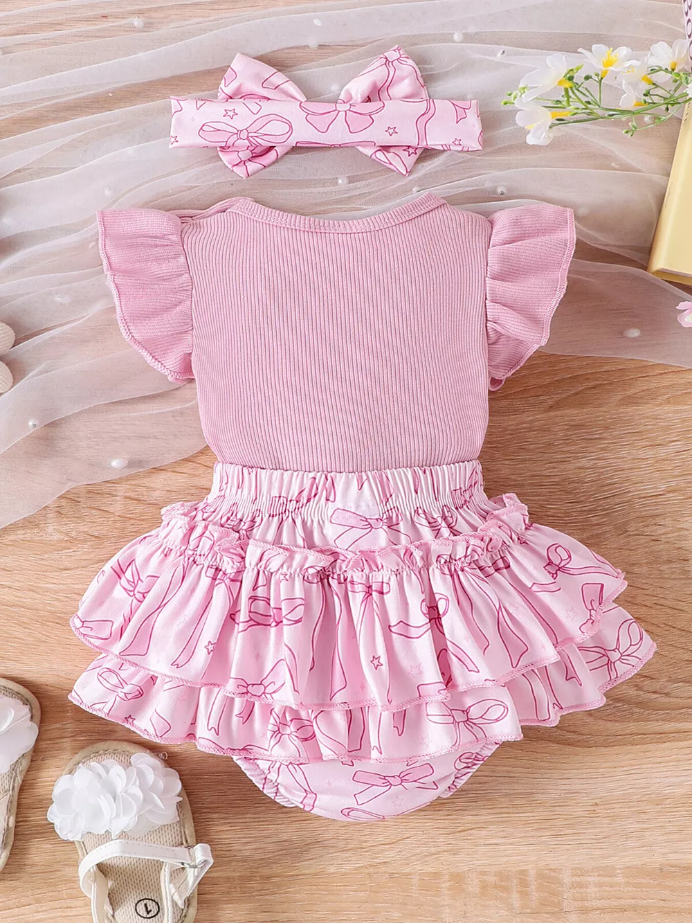 Children's Bowknot Ruffle Trim Bodysuit & Skort & Headband Set, image 6