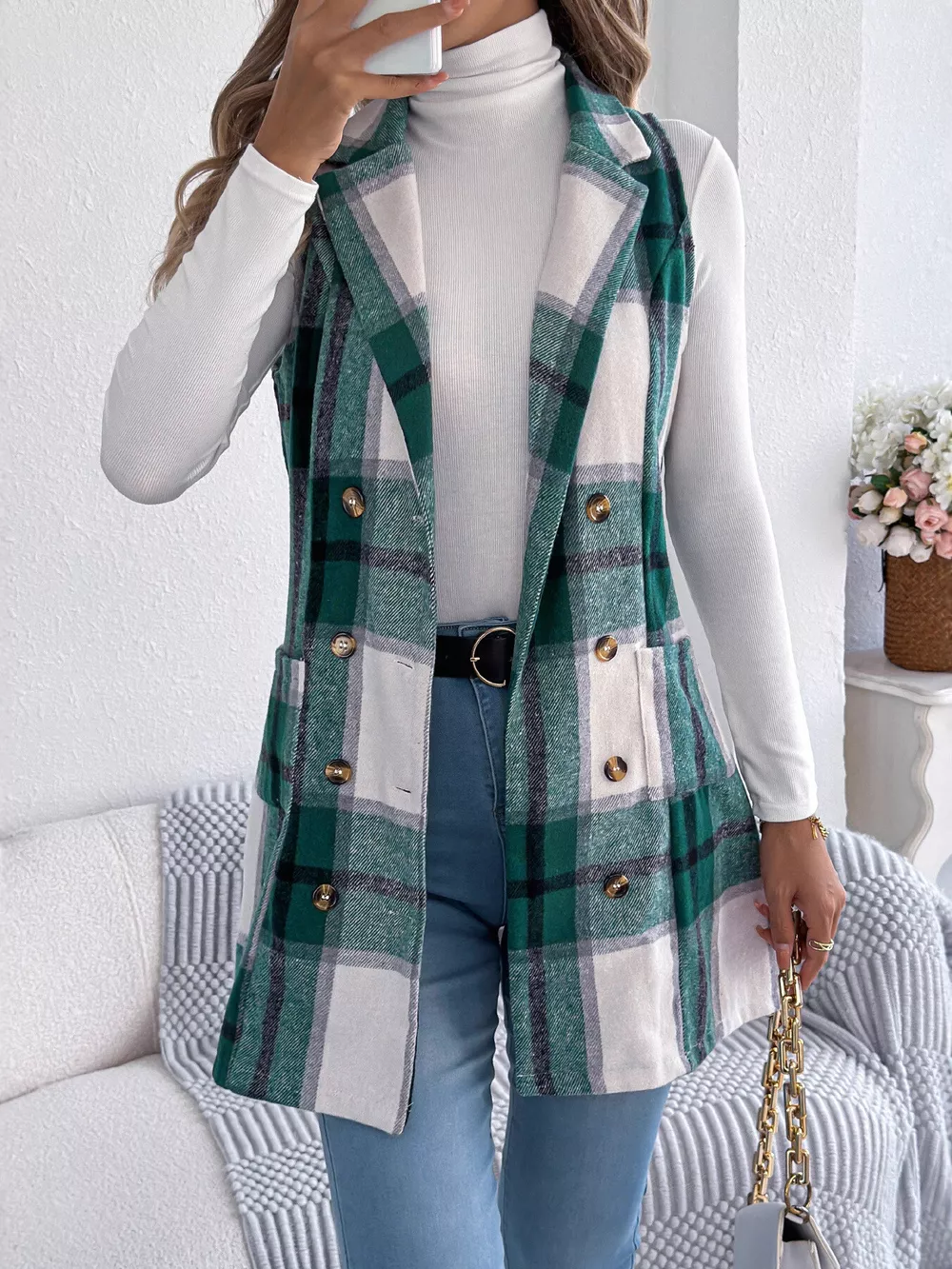 Plaid Double-Breasted Vest Coat, image 15