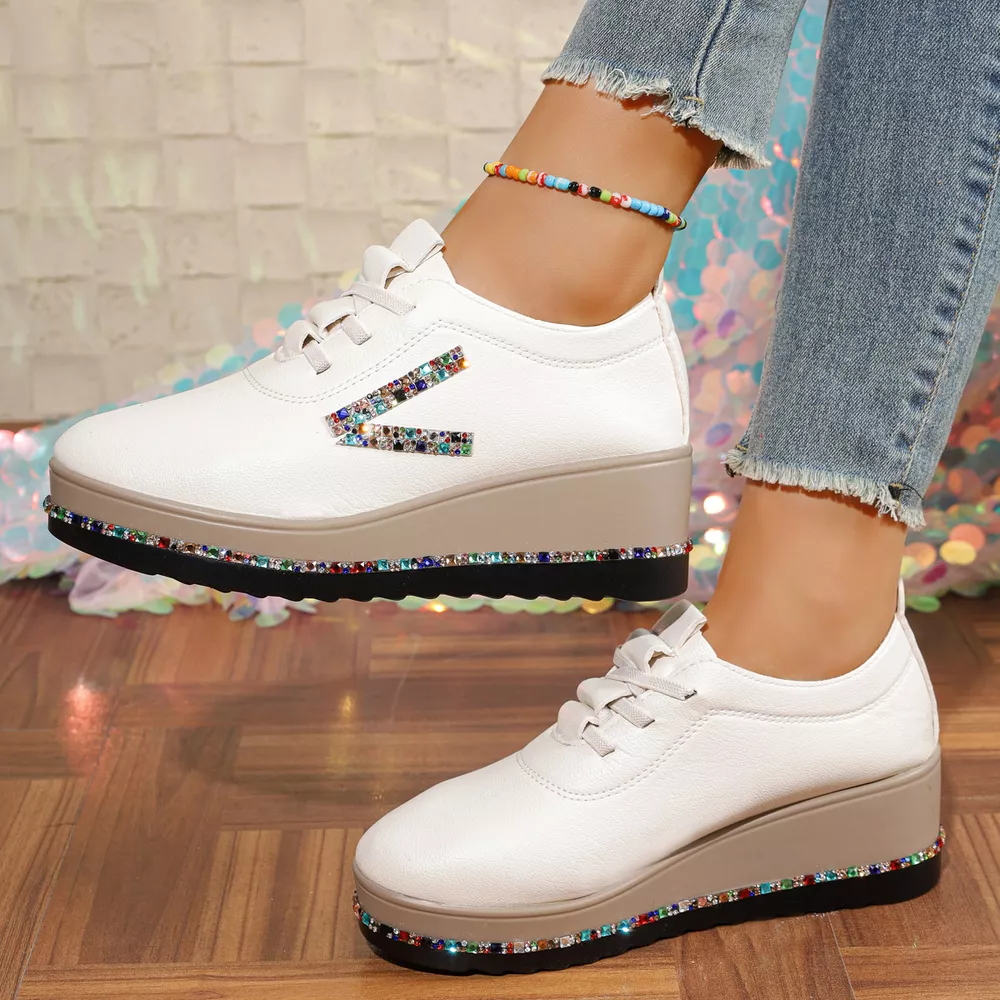 Rhinestone Round Toe Wedge Sneakers, image 2