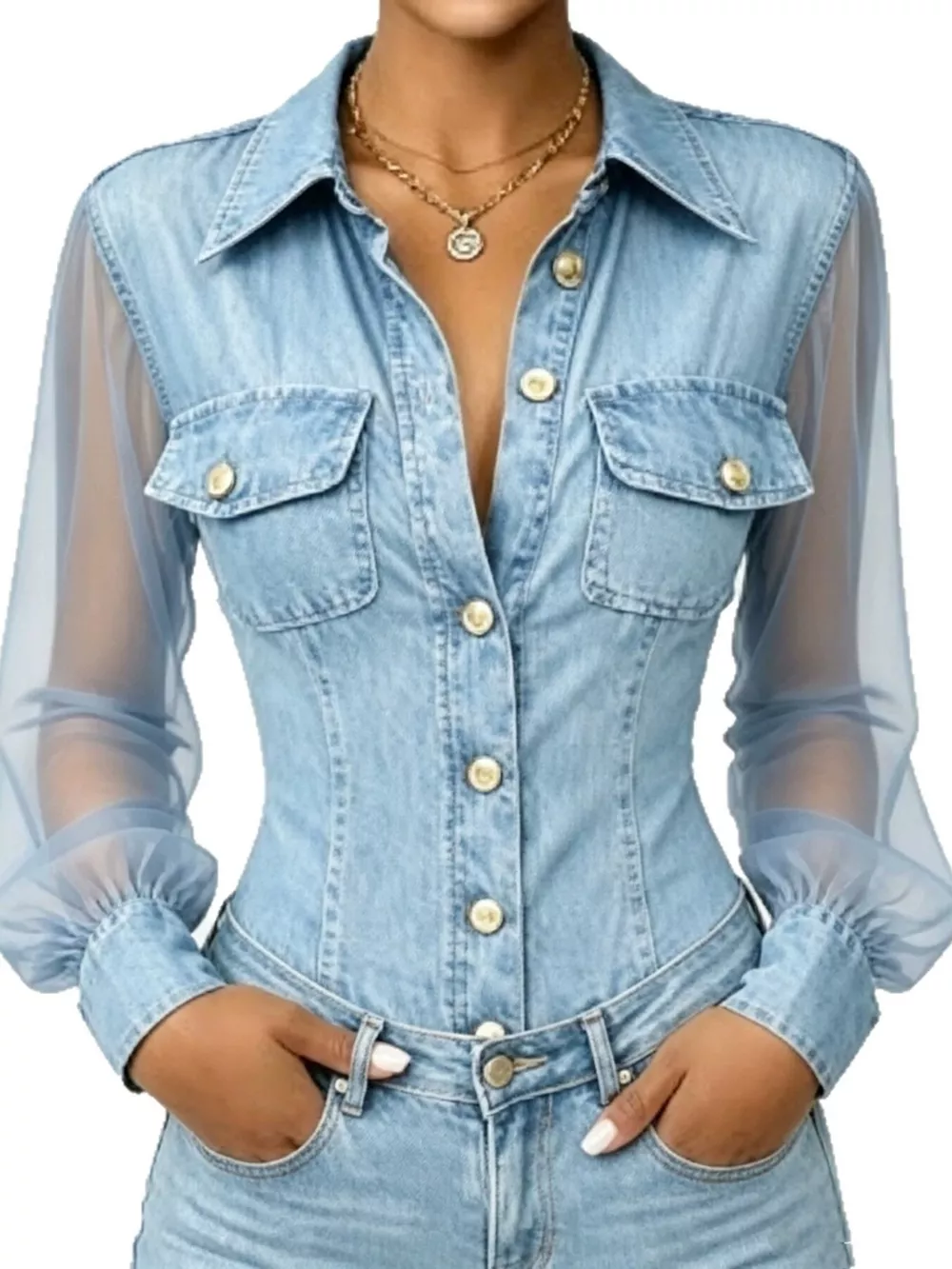 Full Size Slim-Fit Sheer Mesh Long Sleeves Shirt Plus Size, image 5