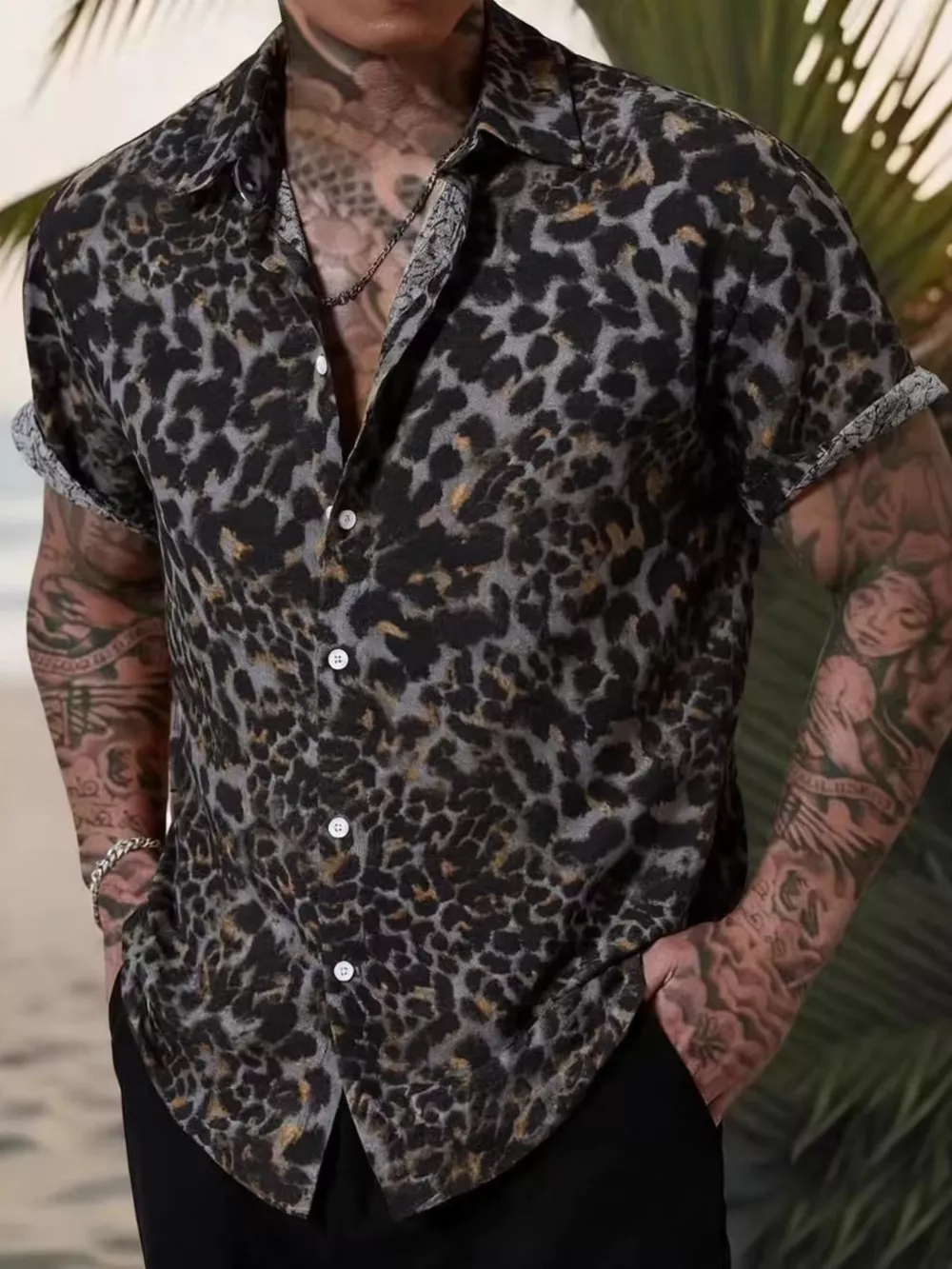 Men's Short Sleeve Leopard Print Casual Button-Down Shirt