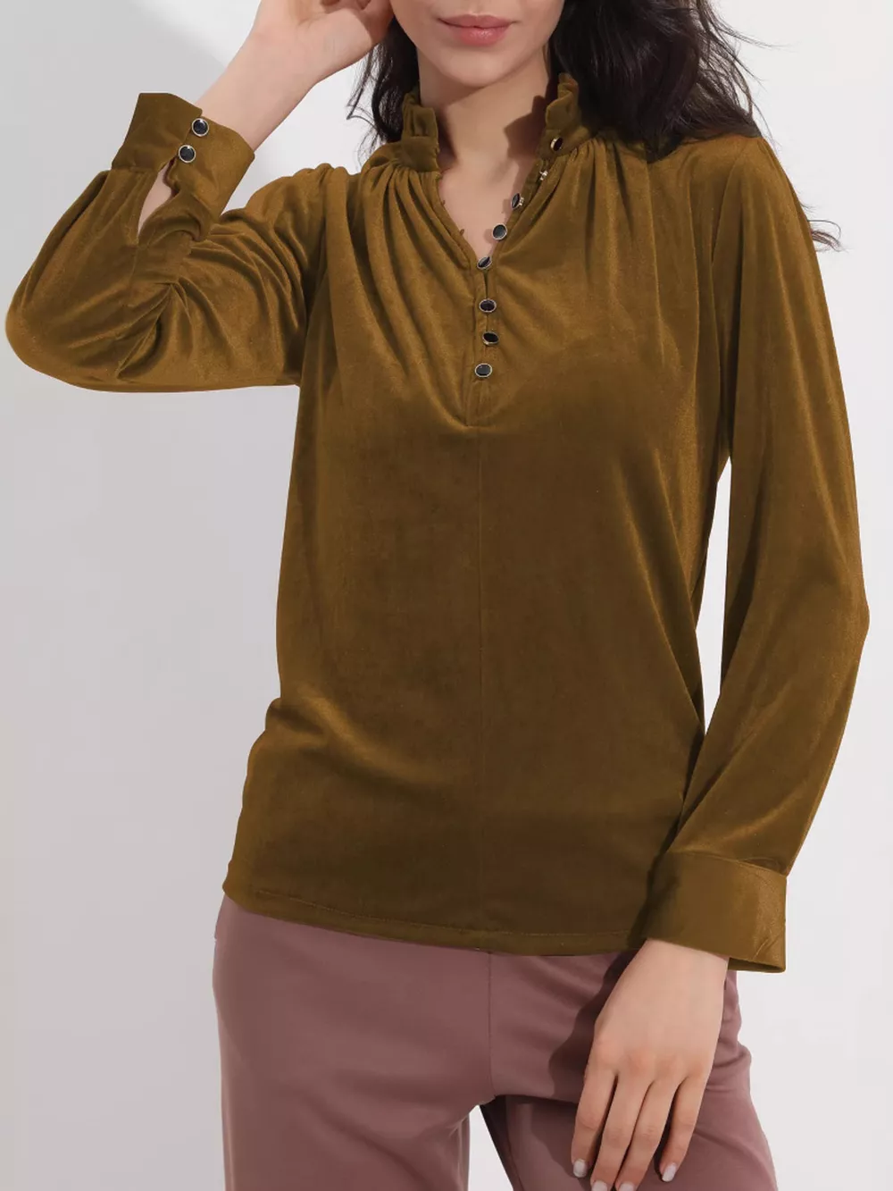 Elegant Velvet Ruffle Neck Blouse, image 8