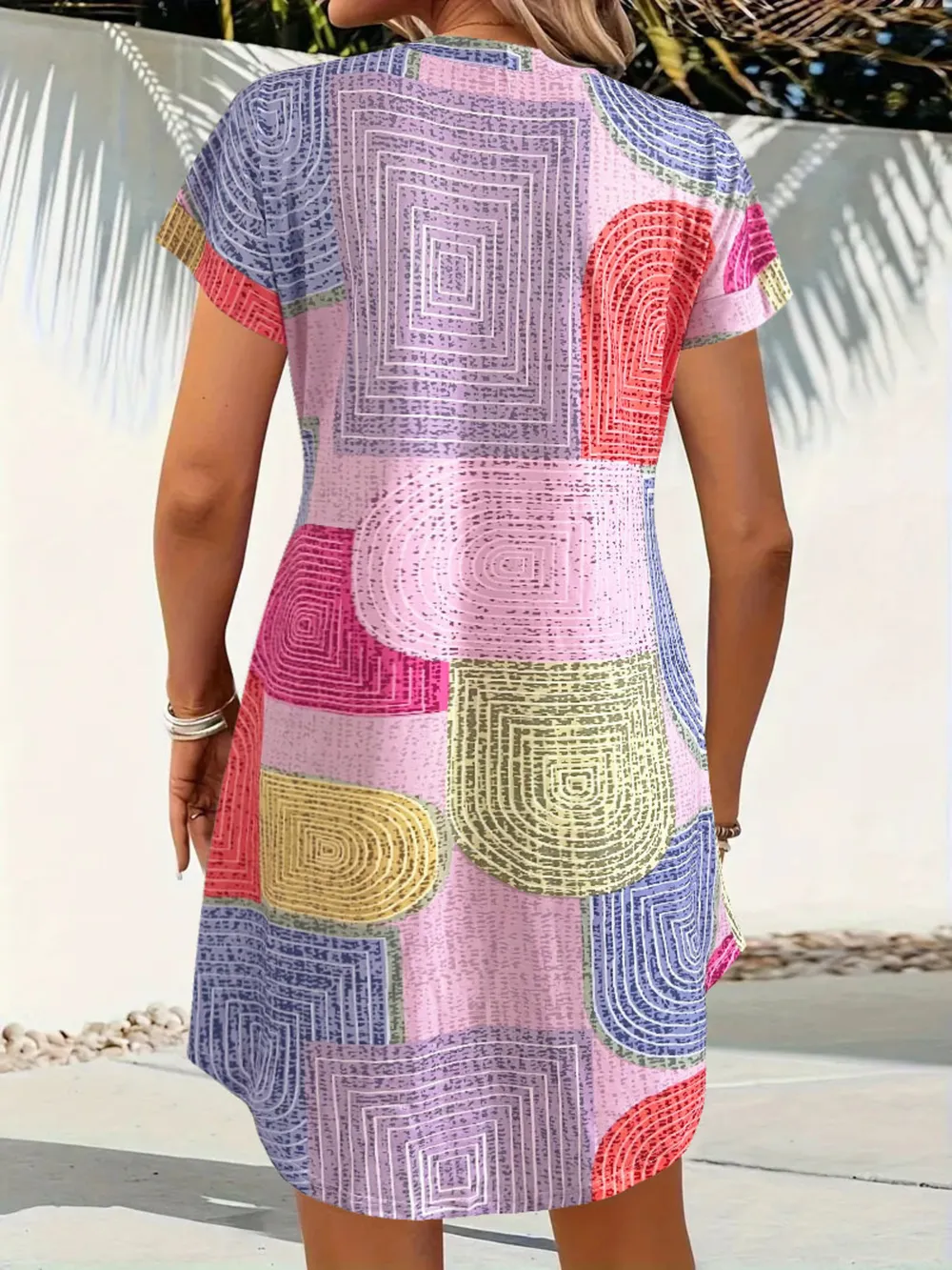 Geometric V-Neck Short Sleeve Button-Front Dress, image 13