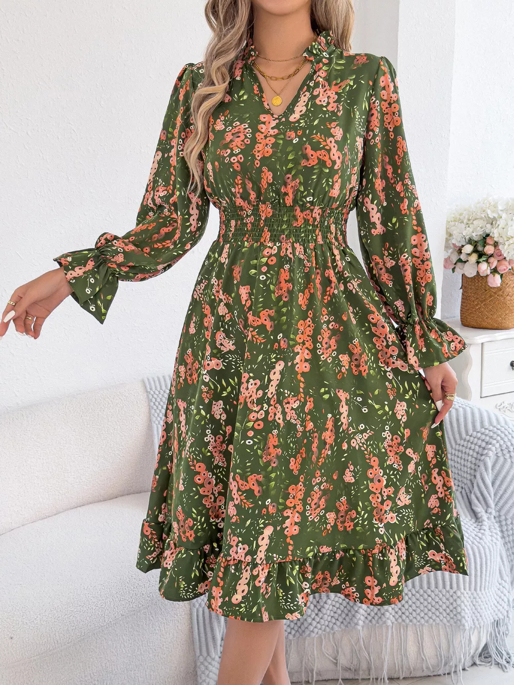 Floral Print Ruffle Hem Flounce Sleeve A-Line Dress, image 10