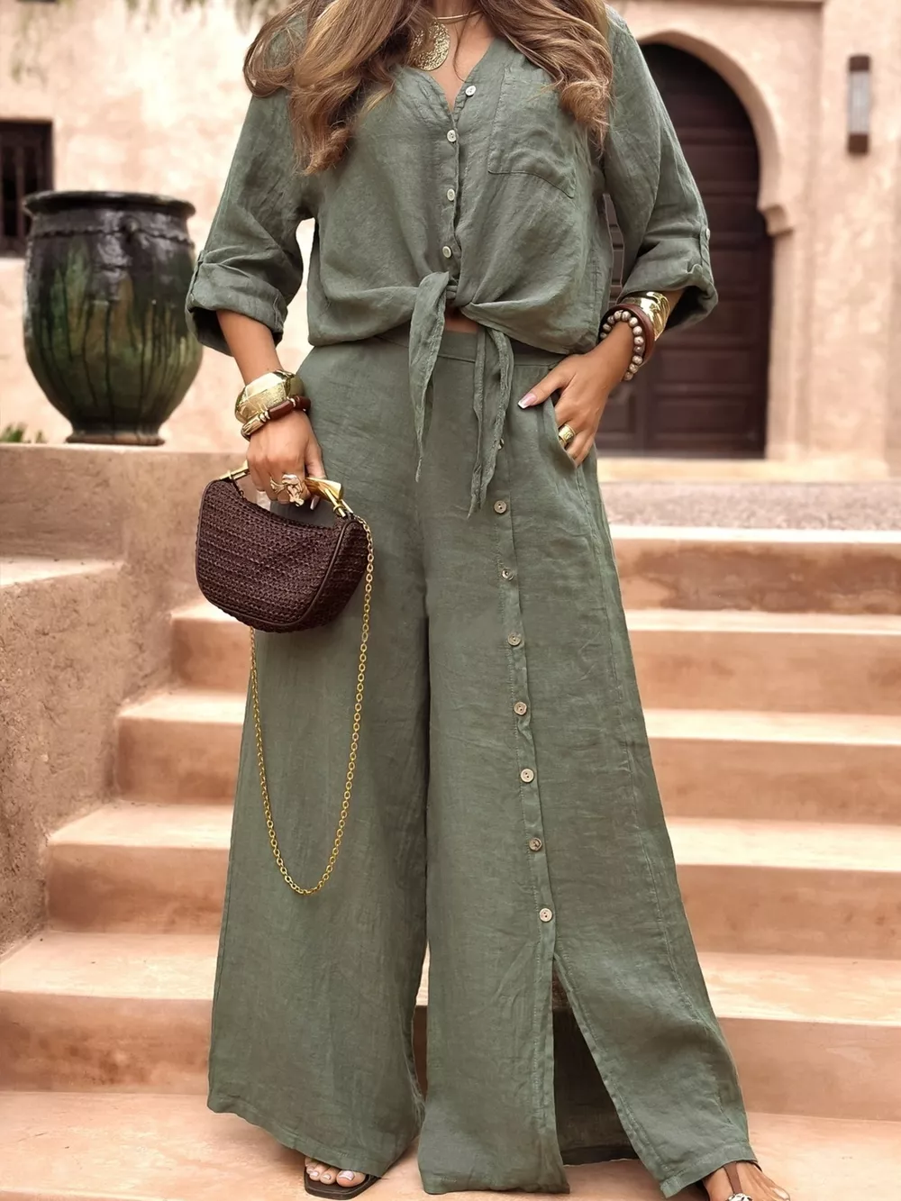 Full Size Button Up Shirt and Wide-Leg Pant Set Plus Size, image 7