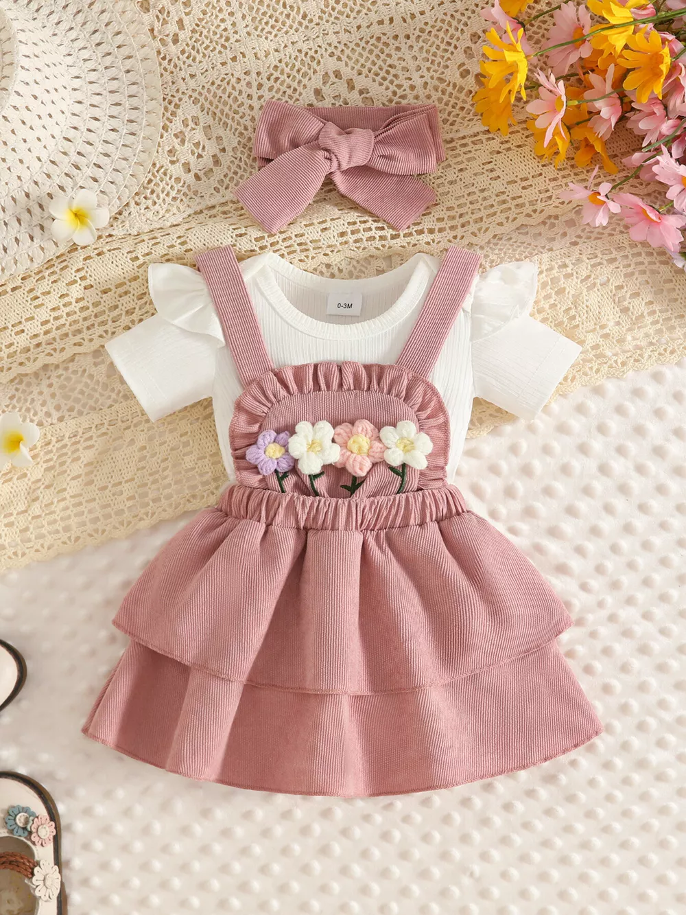 Children's Ribbed Top and Floral Overall Dress Set with Headband