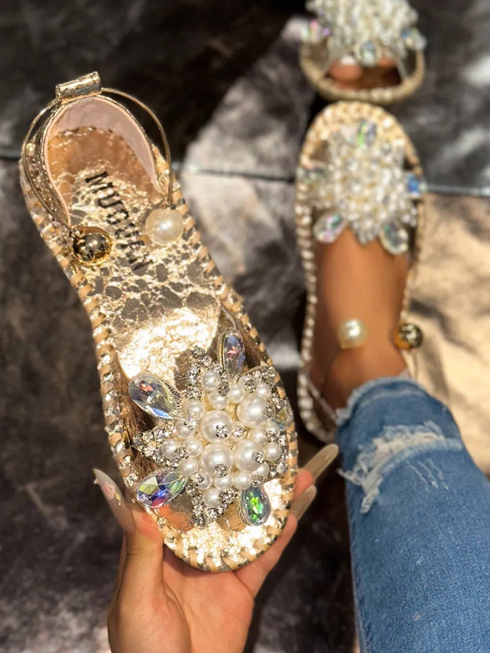 Pearl Crystal Embellished Flat Sandals, image 3