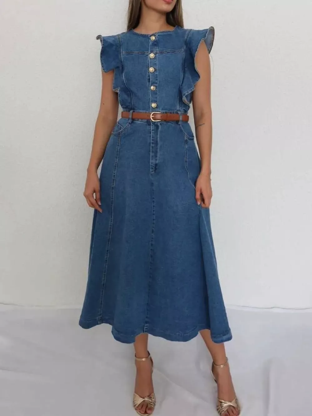 Ruffled Button Front Denim Dress, image 3