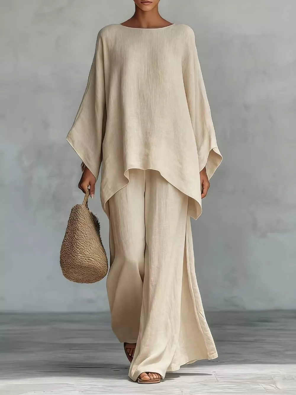 Full Size Round Neck Top and Wide Leg Pants Set Plus Size, image 3