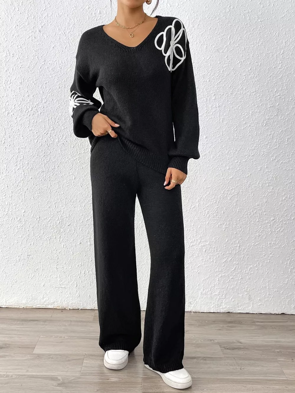 V-Neck Dropped Shoulder Top and Pants Sweater Set, image 2