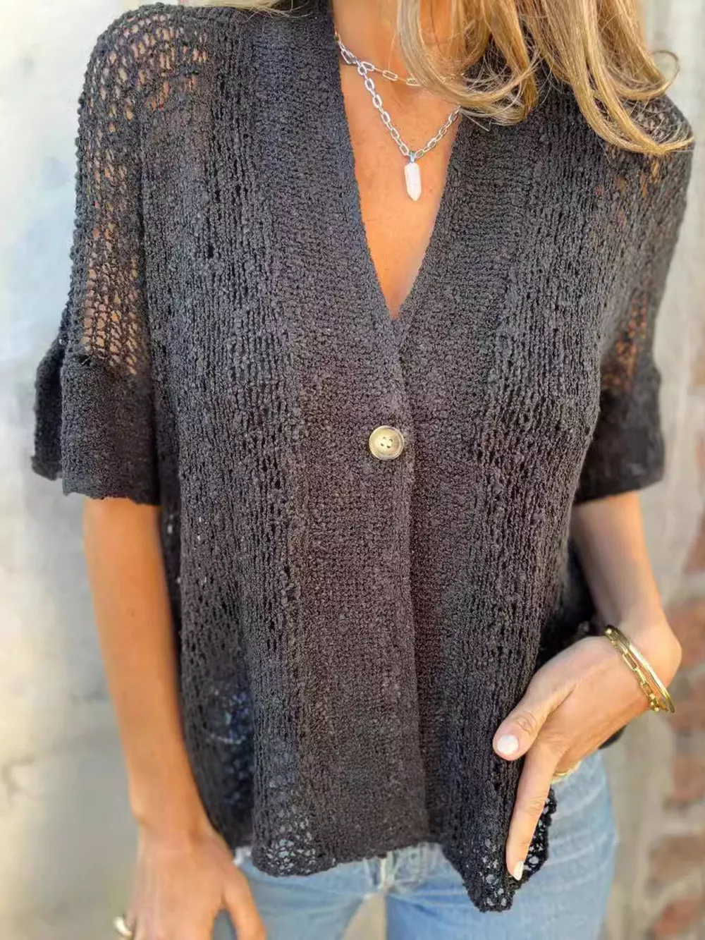 Full Size One Button Half Sleeve Cardigan Plus Size, image 16