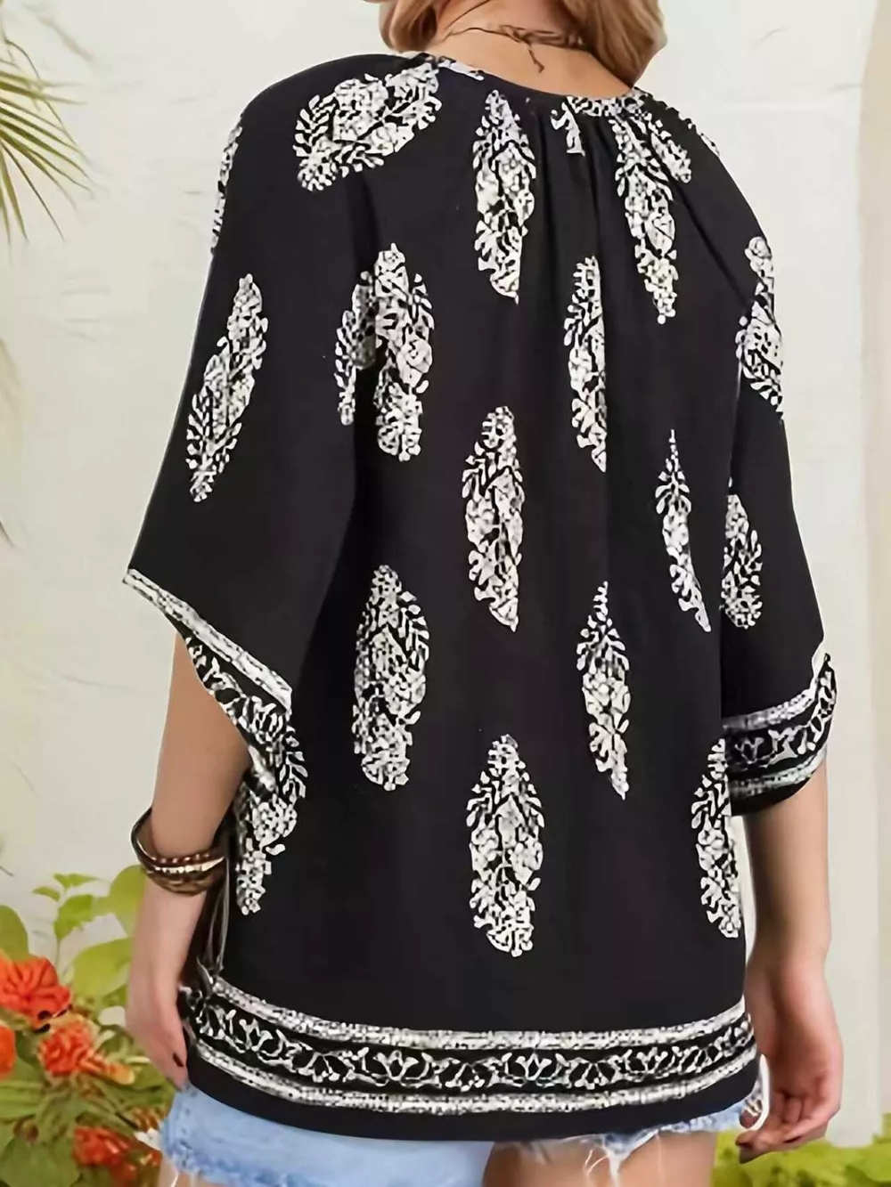 Printed Notched 3/4 Sleeve Blouse, image 3