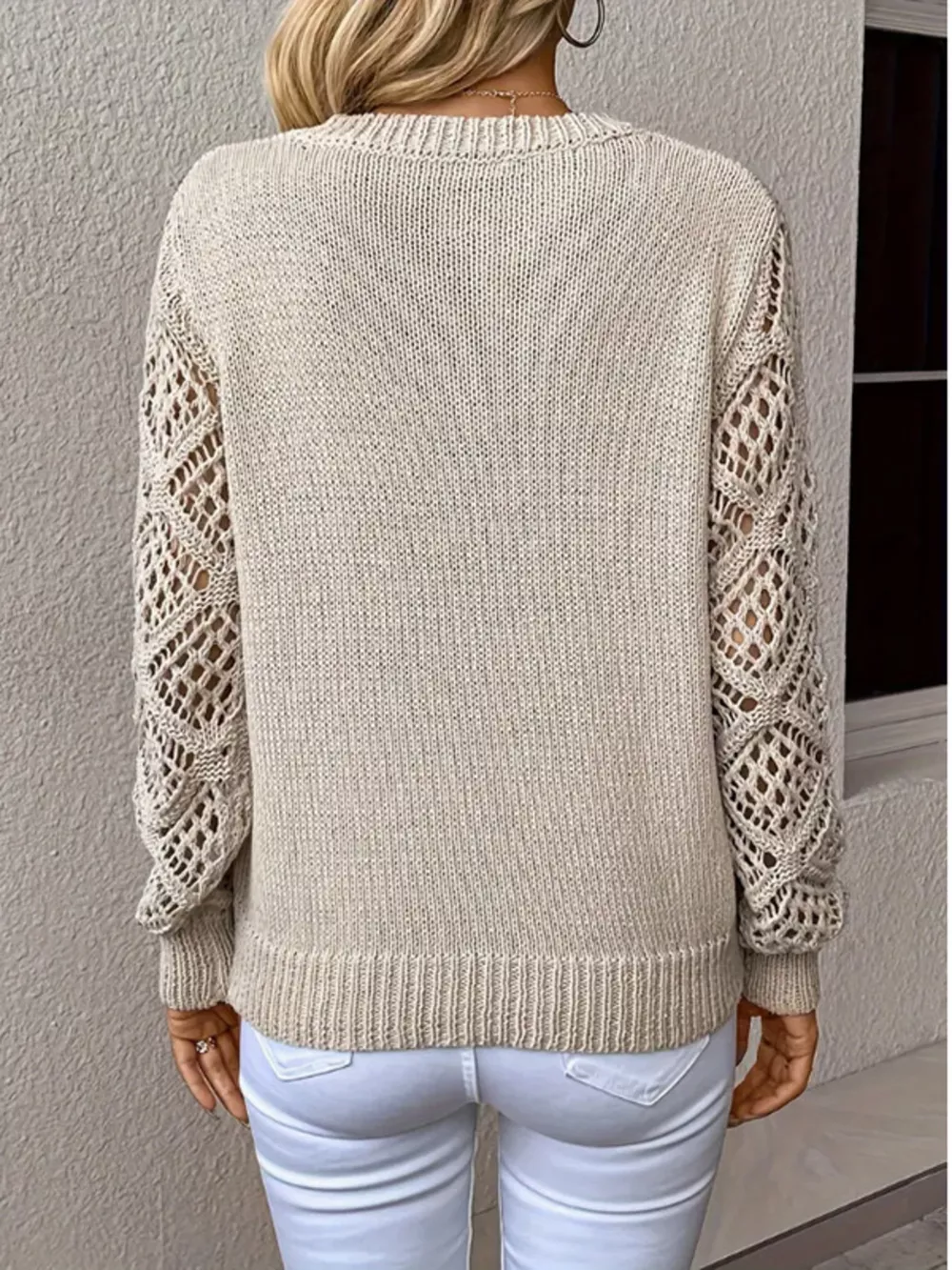 Openwork V-Neck Long Sleeve Sweater, image 16