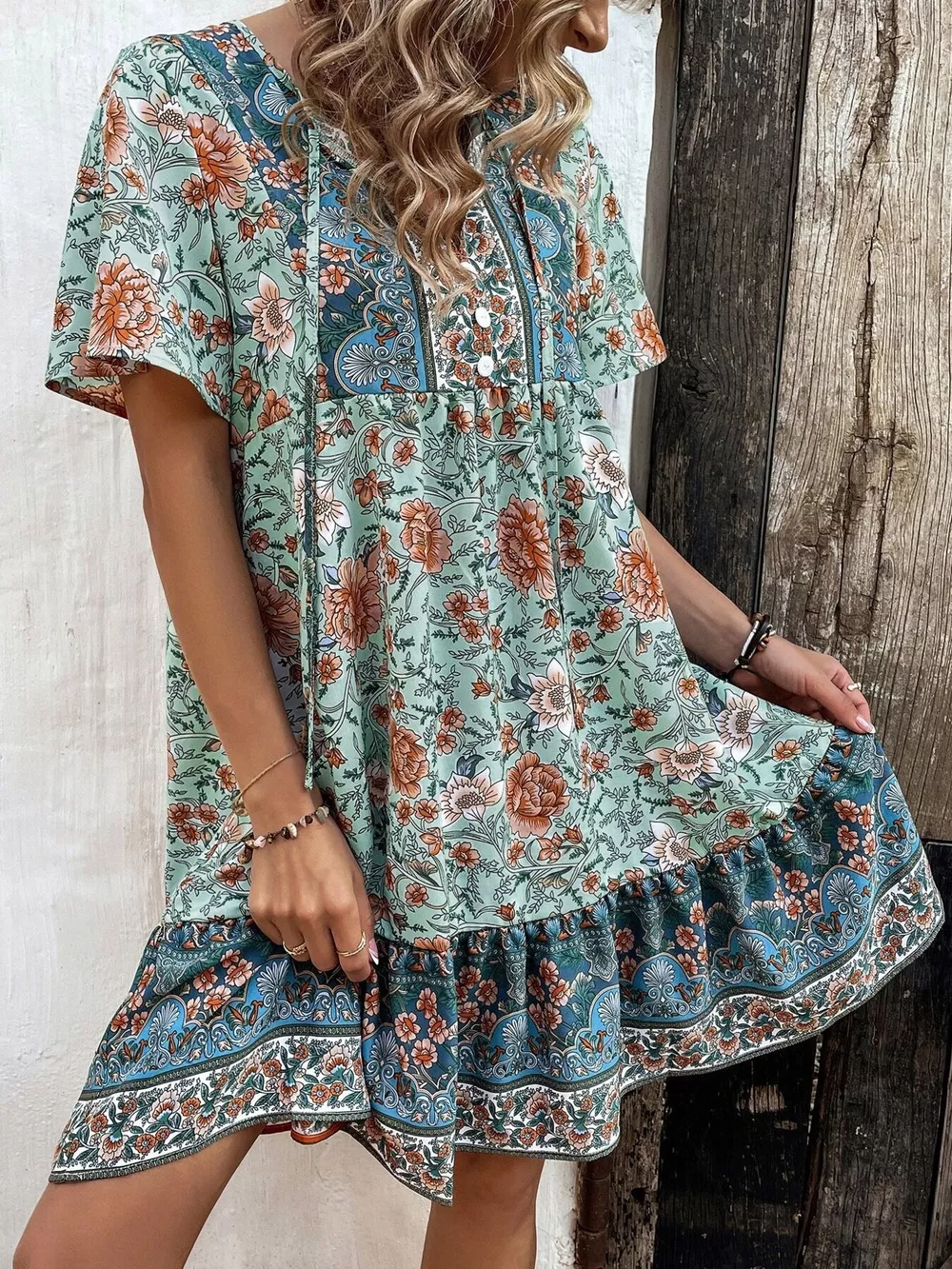 Floral Print Tie-Neck Ruffle Hem Mini Dress, image 2