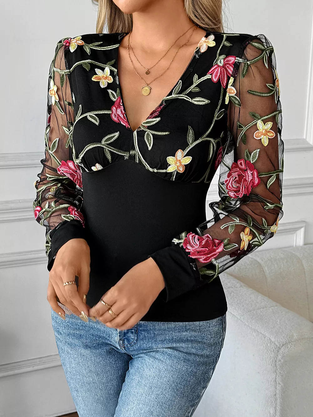 Floral Mesh Sleeve V-Neck Top, image 7