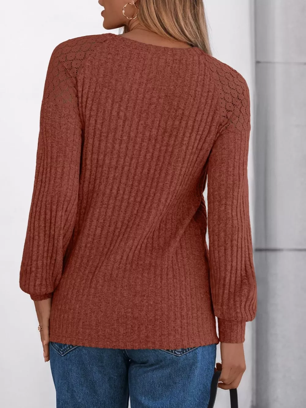 Ribbed Knit T-Shirt with Lace Shoulder Detail, image 21