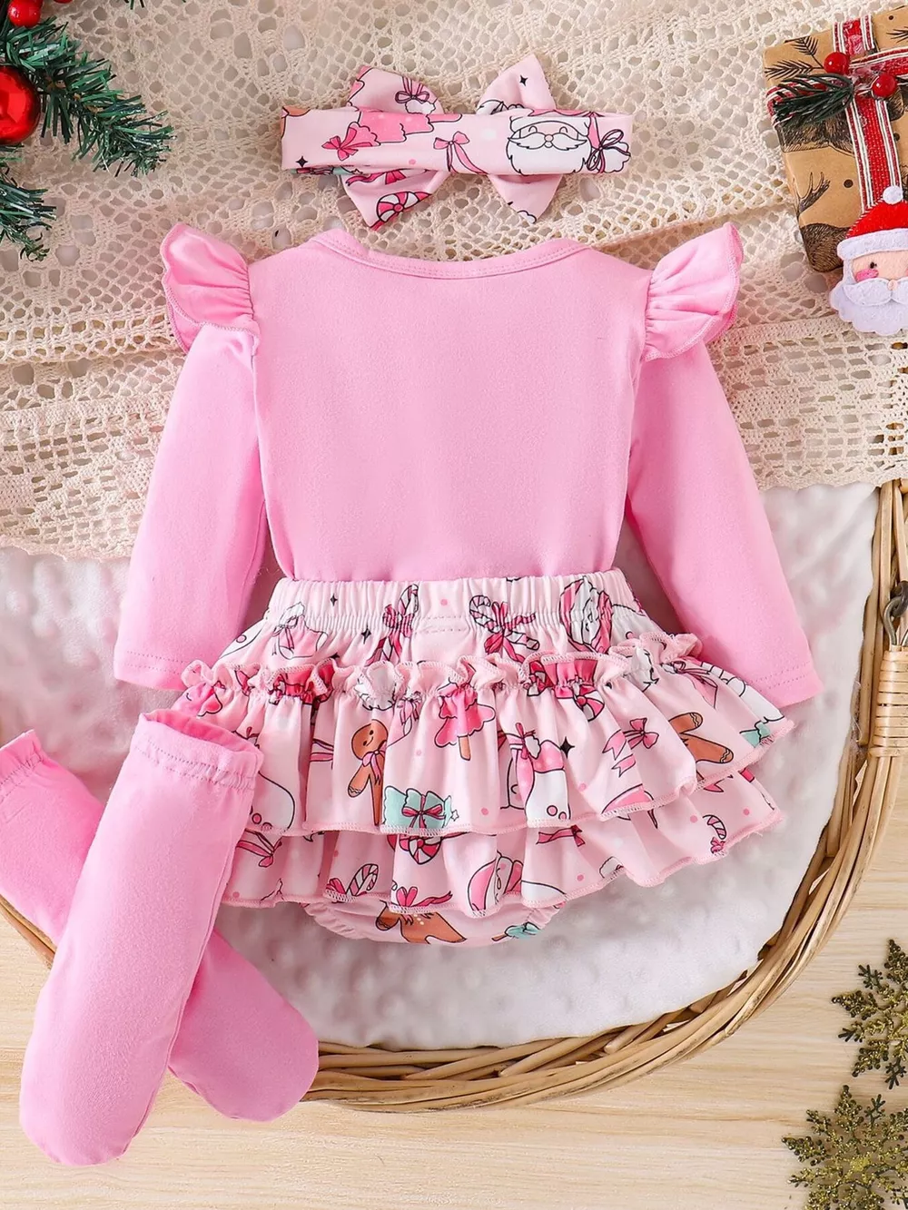 Children's Christmas Ruffled Long Sleeve Top and Skirt Set with Headband, image 11