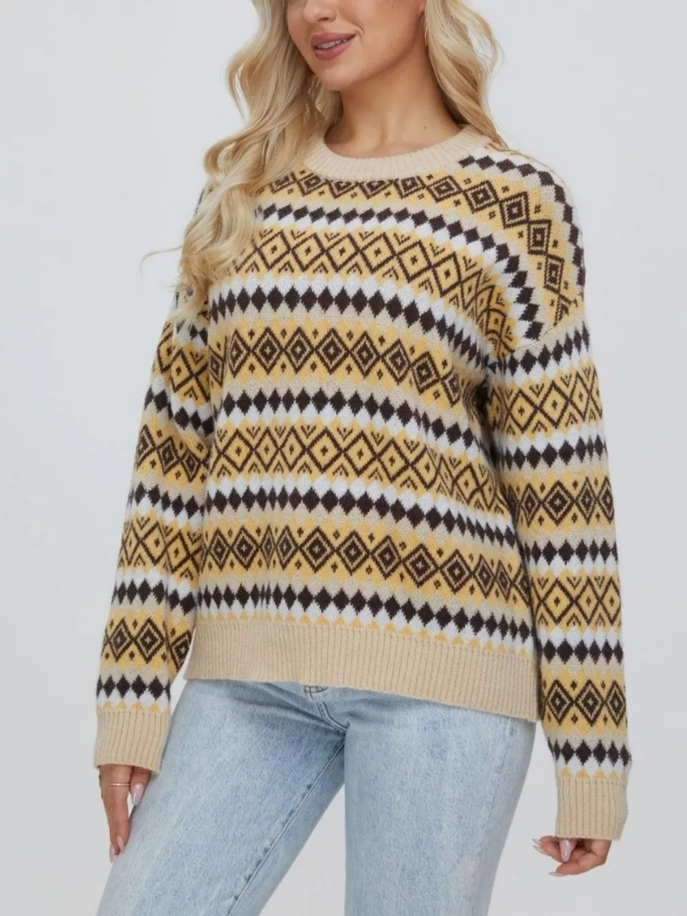 Geometric Pattern Round Neck Sweater, image 4
