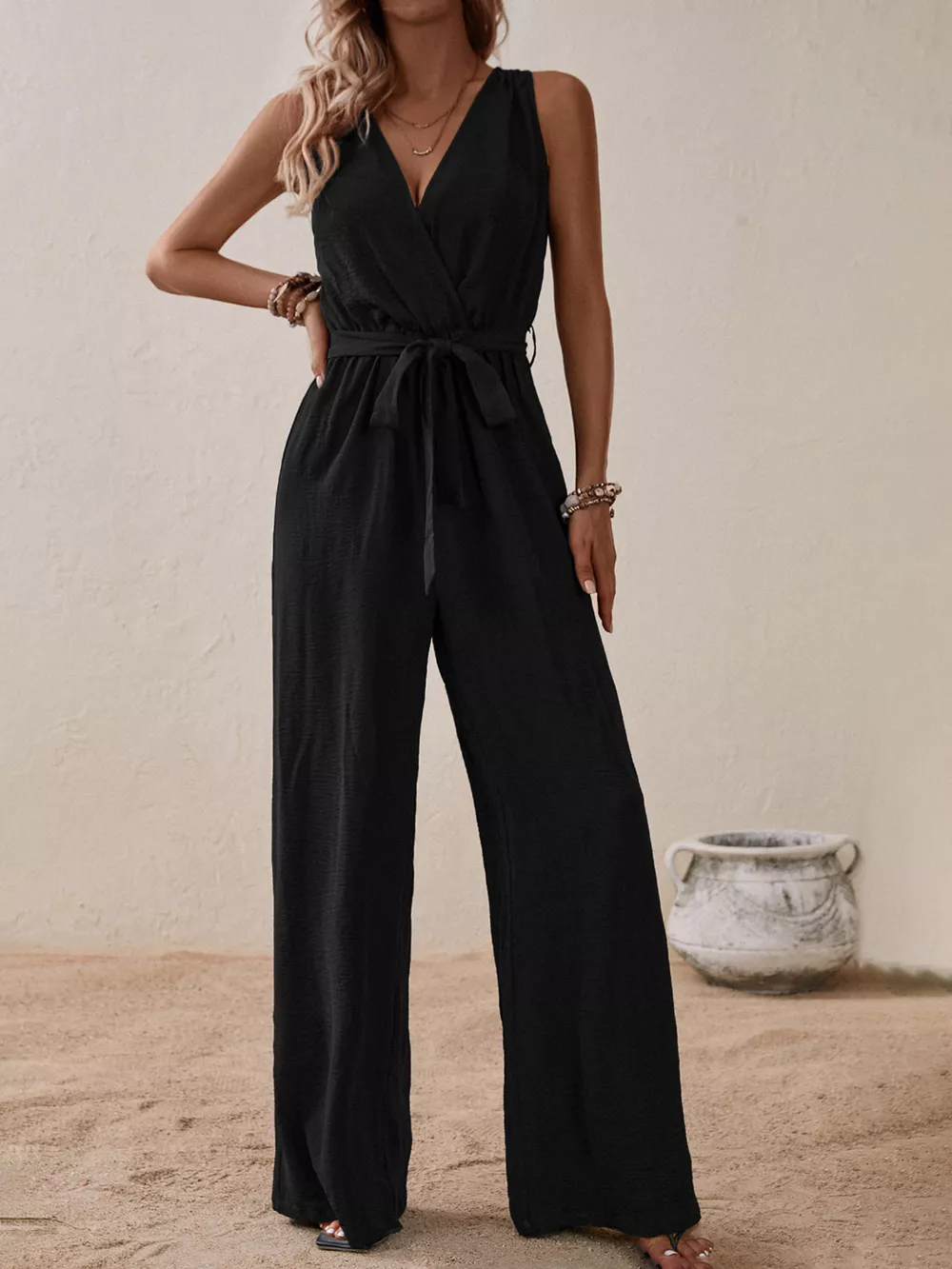 Sleeveless Tie Waist Wide Leg Jumpsuit, image 3