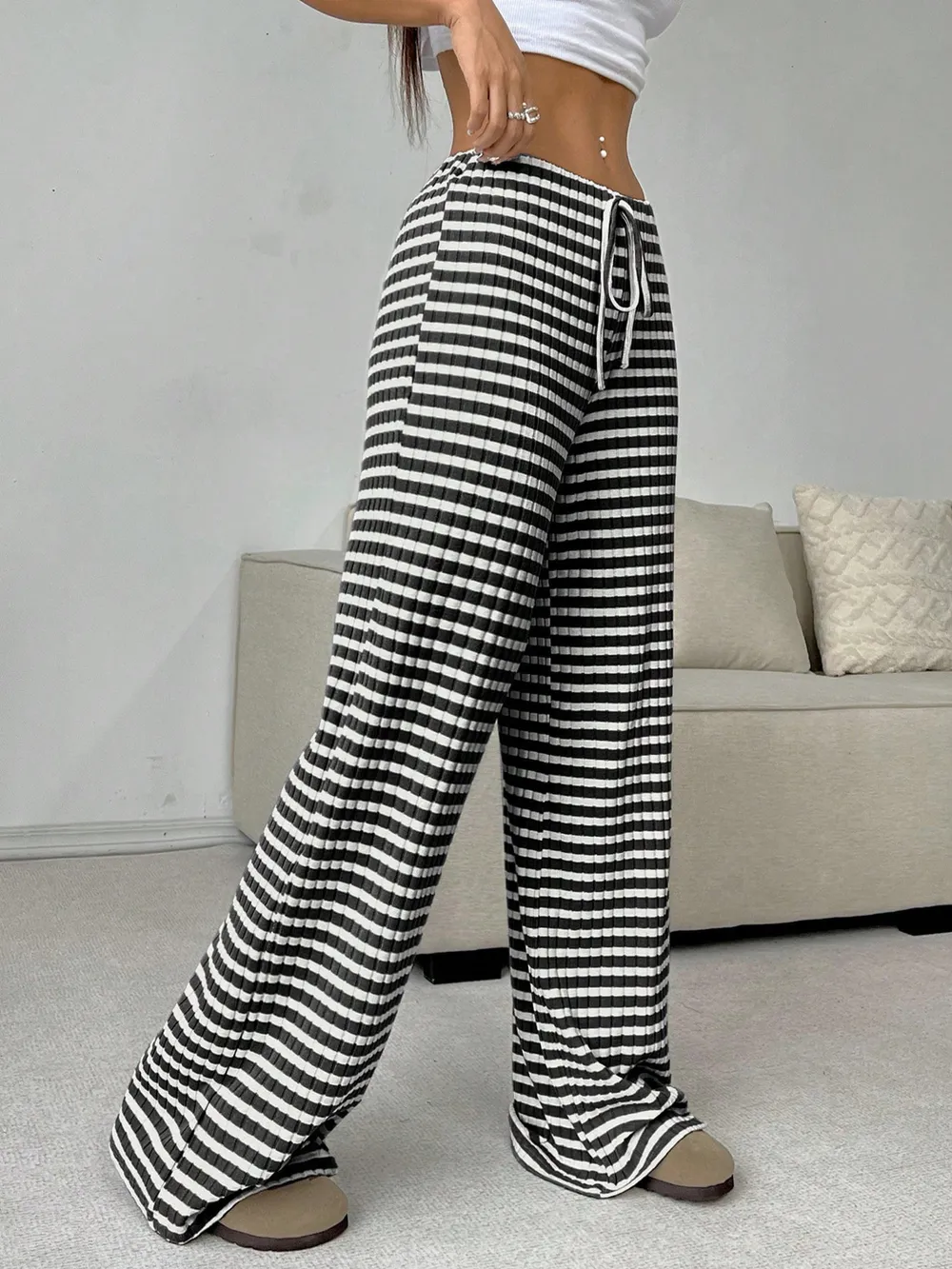 Striped Wide Leg Drawstring Pants, image 24