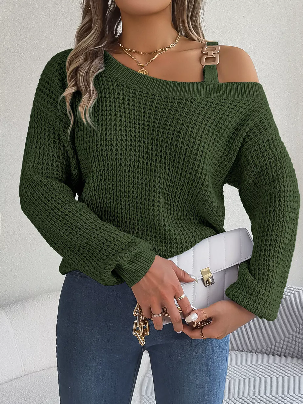Asymmetrical Neck Long Sleeve Sweater, image 8