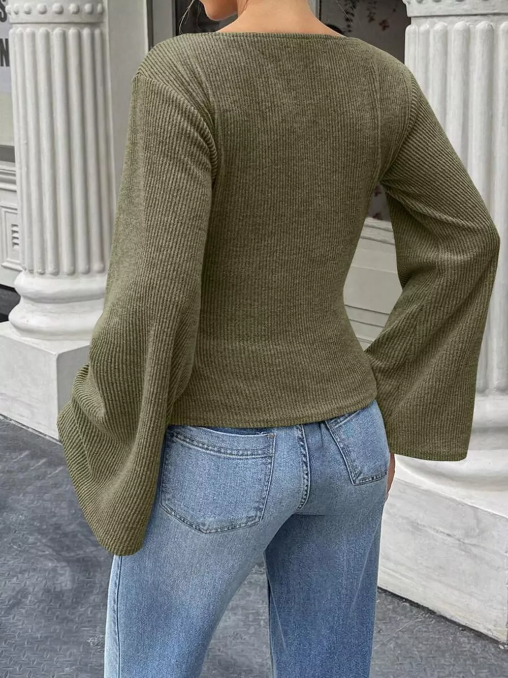 Ribbed Flare Sleeve Top with Ruched Detail, image 6