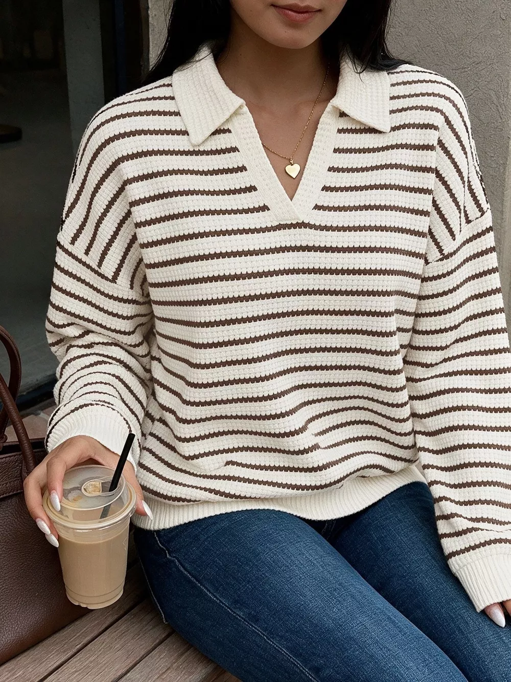 Striped Polo Collar Knit Sweatshirt, image 5
