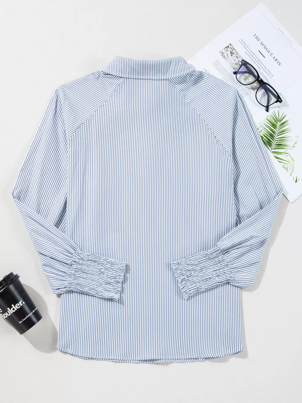 Pinstripe Long Sleeve Smocked Cuffs Button Shirt Collar Blouse, image 17