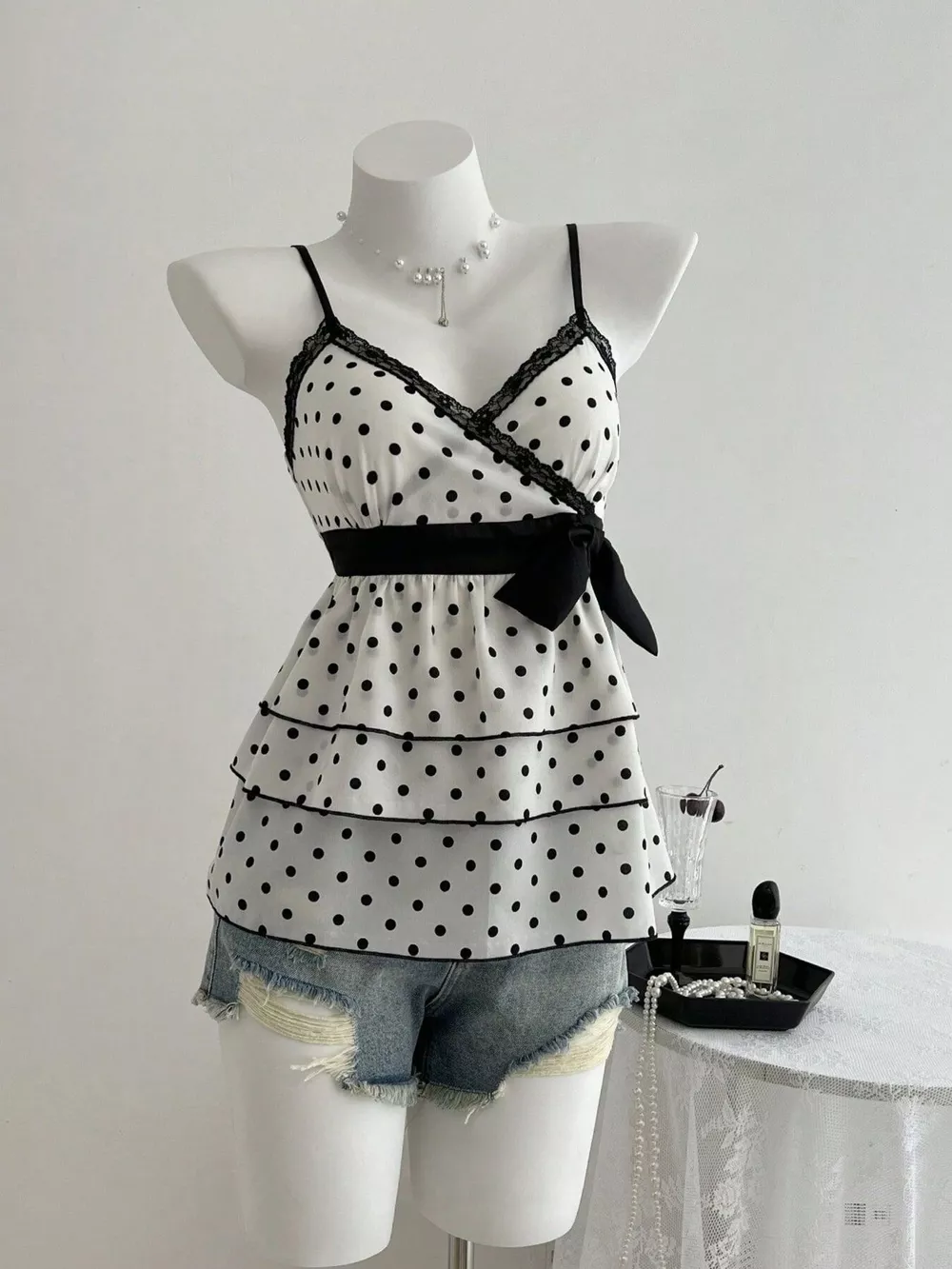 Polka Dot Ruffle Hem Cami with Lace Trim