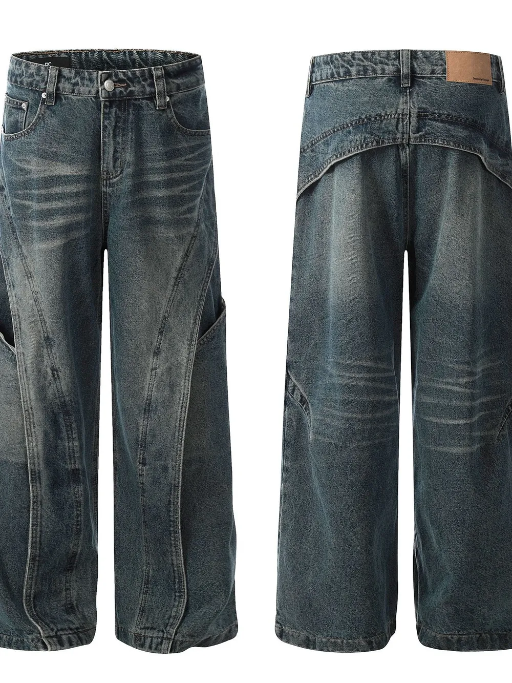 Men's Washed Straight Jeans with Unique Panel Design, image 4