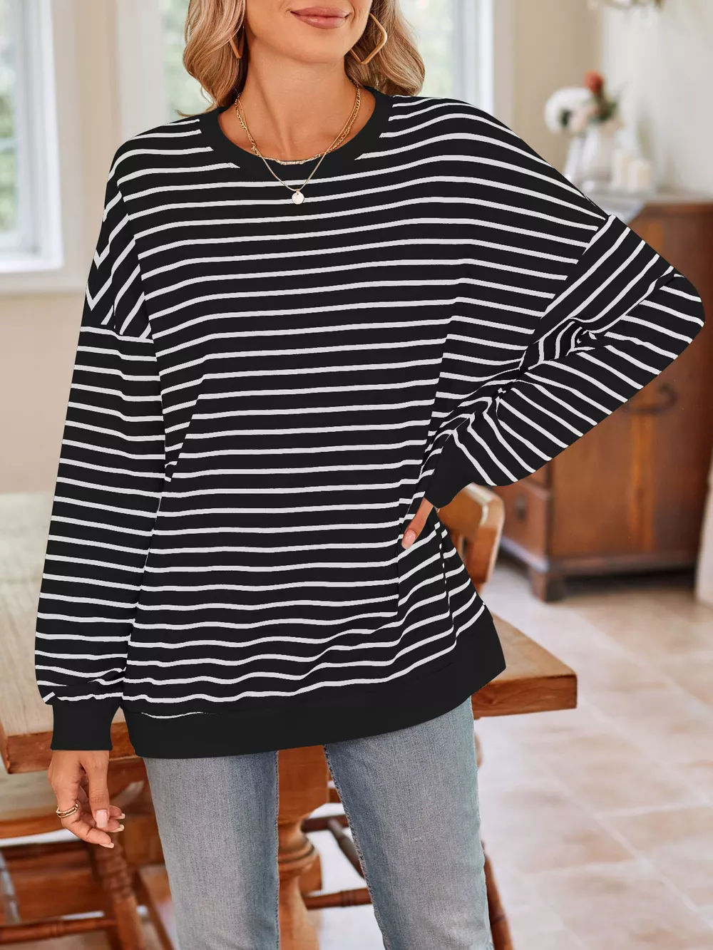 Oversized Striped Crewneck Sweatshirt, image 2