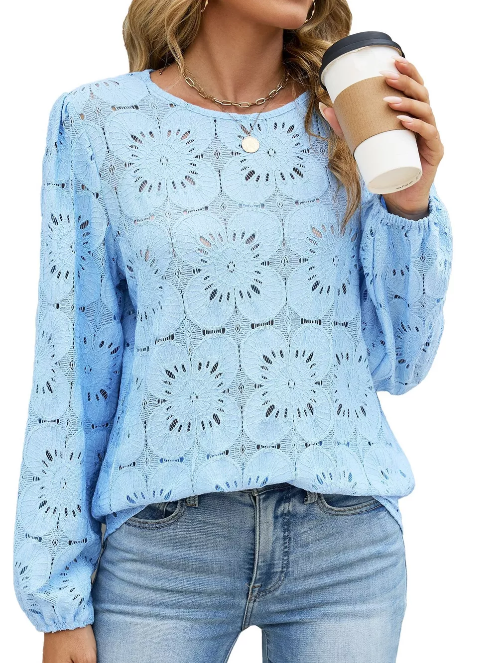 Floral Eyelet Lace Long Sleeve Blouse, image 7