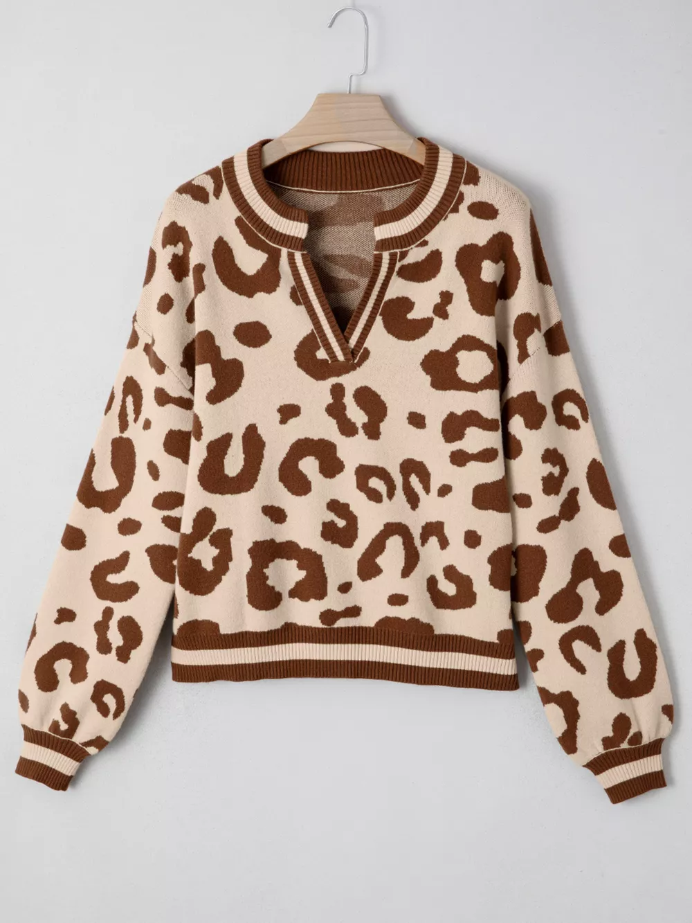 Leopard Knit Notched Casual Sweater, image 5